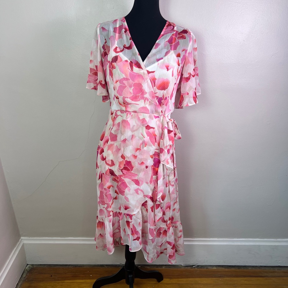 Calvin Klein Floral Wrap Dress 10 Pink Watercolor Flutter Sleeve Boho Airy